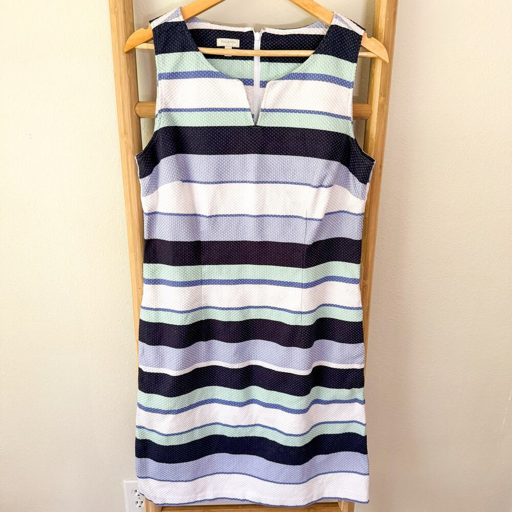 Talbots Striped Textured Sheath Dress Blue Purple Mint White Sleeveless Size 12